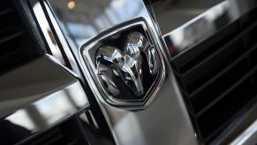 A Dodge emblem on the front of a car