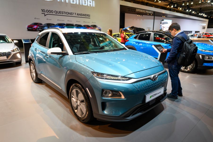 A brand new Hyundai Kona on display at an auto show