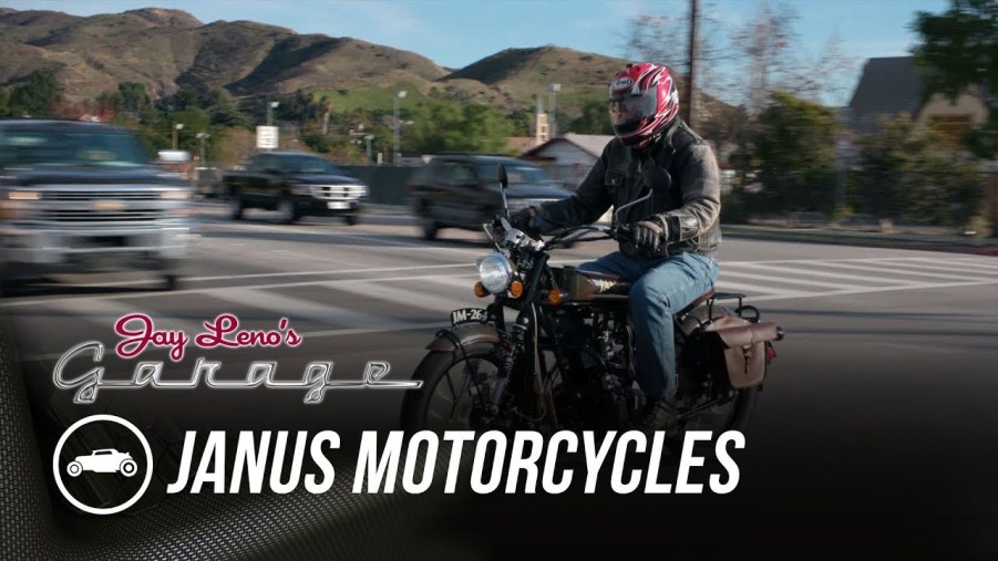 Jay Leno riding a Janus Halcyon 250