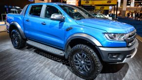 A 2020 Ford F-150 on display at an auto show