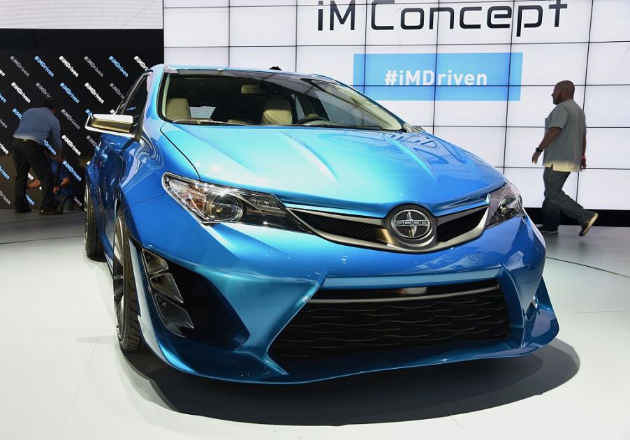 A Toyota made Scion car on display at an auto show