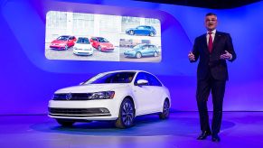 A Volkswagen Jetta on display during a company event