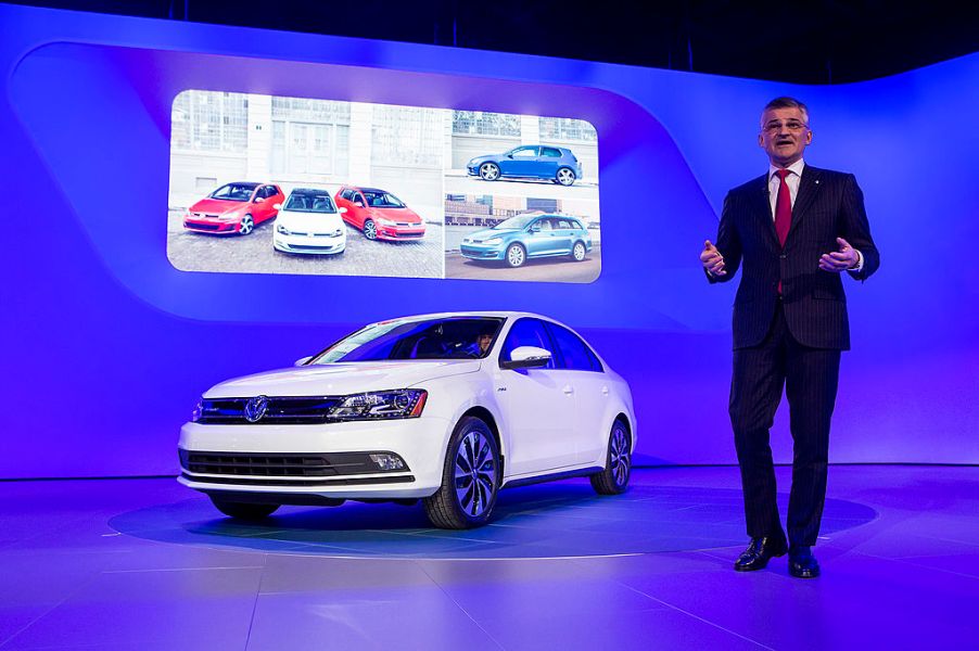 A Volkswagen Jetta on display during a company event