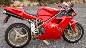 Red 1997 Ducati 916S with golden wheels