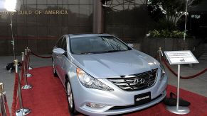 A 2011 Hyundai Sonata on display at an auto show