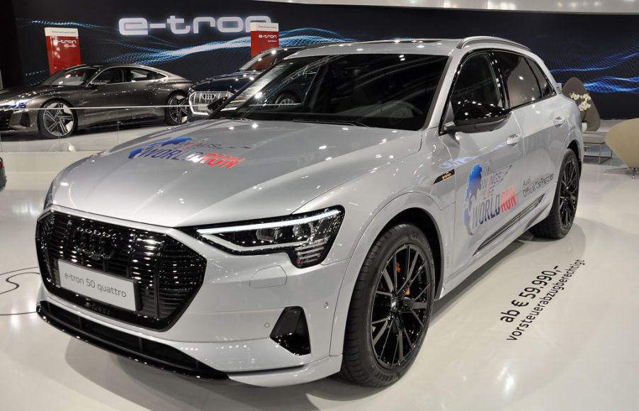 An Audi e-tron 50 Quattro is seen during the Vienna Car Show press preview at Messe Wien