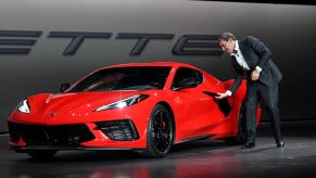 Mark Reuss, president of General Motors Company, unveils the 2020 mid-engine C8 Corvette Stingray during a news conference