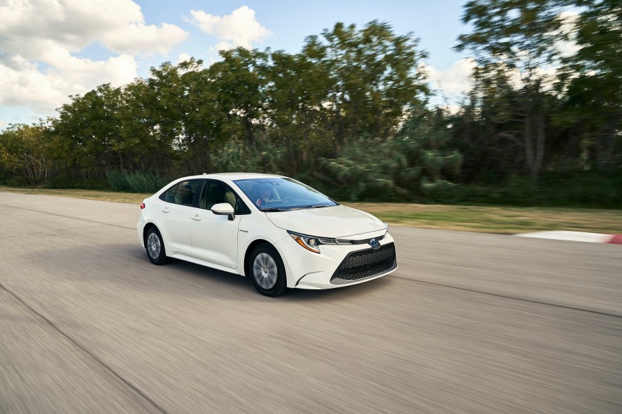 a white 2020 Toyota Corolla at speed on a scenic road