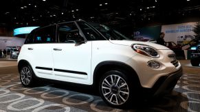 A new Fiat 500 on display at an auto show