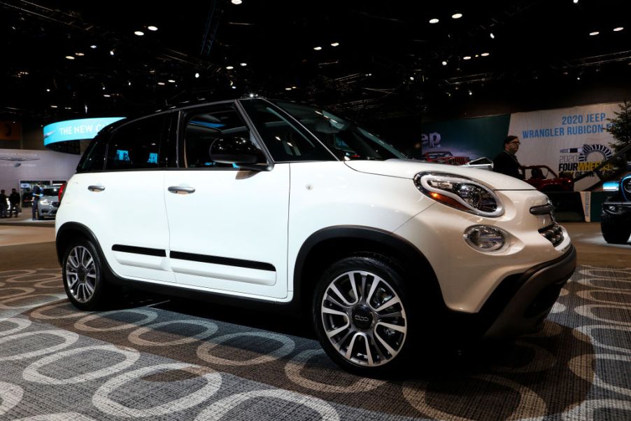 A new Fiat 500 on display at an auto show