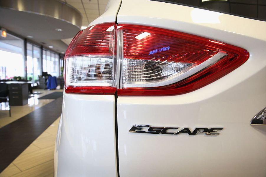 A rearview of a white Ford Escape SUV.