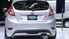 A silver Ford Fiesta ST displayed at an auto show.