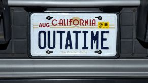 "OUTATIME" license plate from the "Back To The Future" DeLorean at the Hollywood Museum's "Back To The Future" Trilogy: The Exhibit