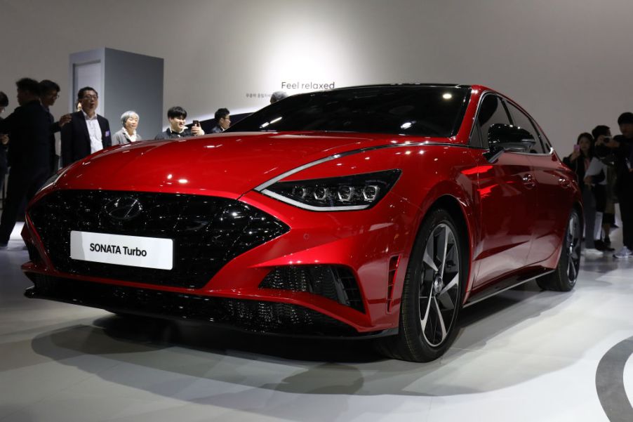 A new 2020 Hyundai Sonata on display at an auto show