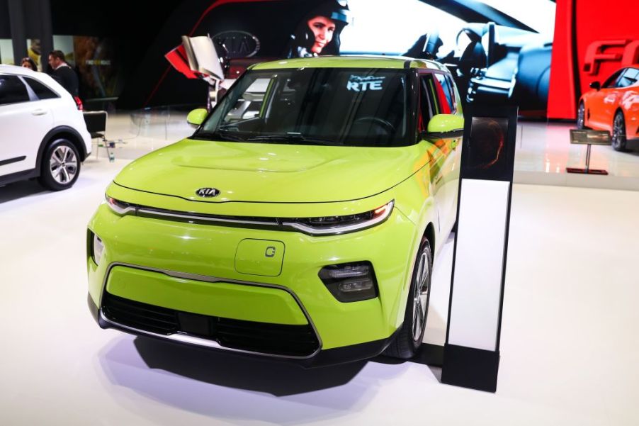 A 2020 Kia Soul EV on display at an auto show