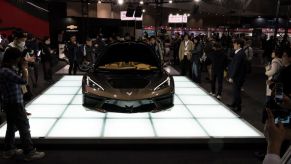 A custom Chevy Corevette on display at an auto show