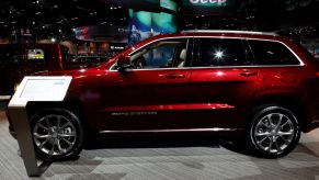 A 2020 Jeep Grand Cherokee on display at an auto show