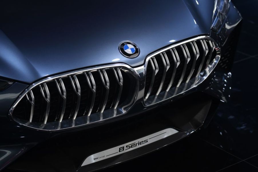 A close up shot of the grille of a BMW