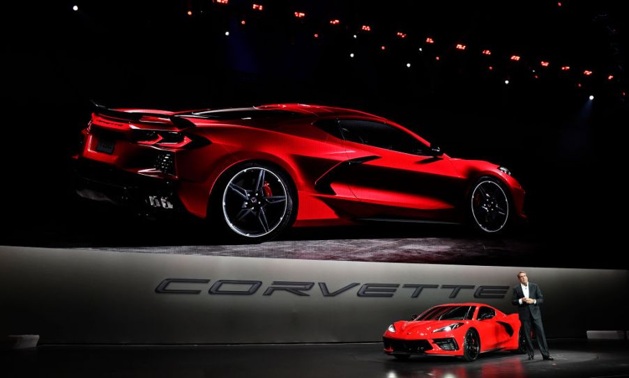 Mark Reuss, president of General Motors Company, unveils the 2020 mid-engine C8 Corvette Stingray during a news conference