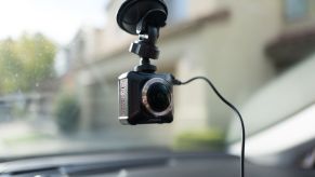 A dashcam installed on an Uber driver's windshield