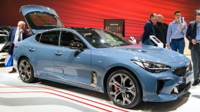 Kia Stinger compact executive 4-door fastback on display at Brussels Expo