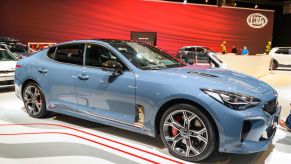 Kia Stinger compact executive 4-door fastback on display at Brussels Expo