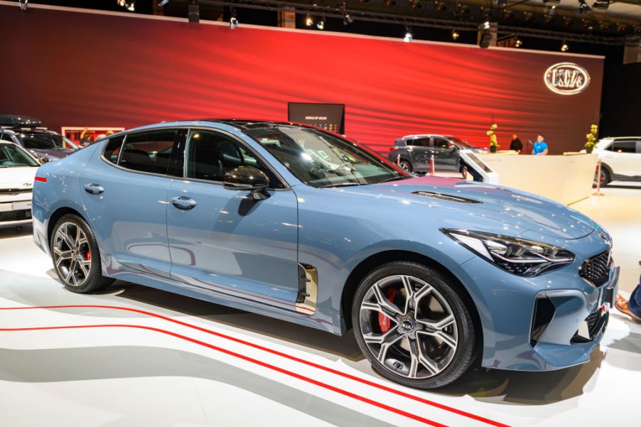 Kia Stinger compact executive 4-door fastback on display at Brussels Expo