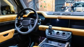 Land Rover Defender 110 off-road 4x4 vehicle interior on display at Brussels Expo