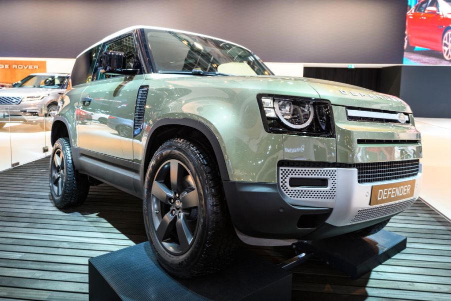 Land Rover Defender 90 off-road 4x4 vehicle on display at Brussels Expo