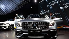 A Mercedes-AMG GLC63 Coupe is seen during the media preview of the New York International Auto Show (NYIAS) in New York