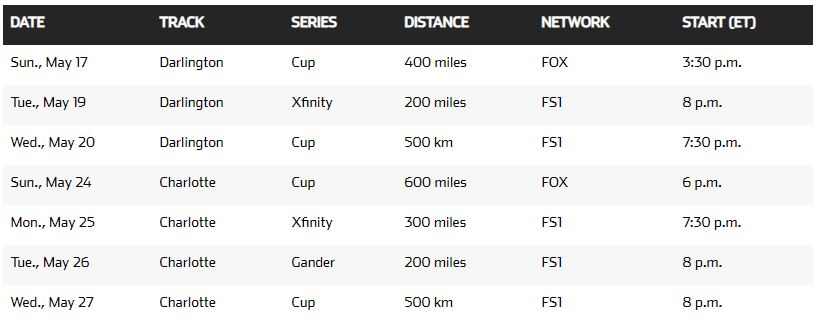 Schedule to re-start the NASCAR season