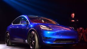 Tesla CEO Elon Musk views the new Tesla Model Y at its unveiling in Hawthorne, California