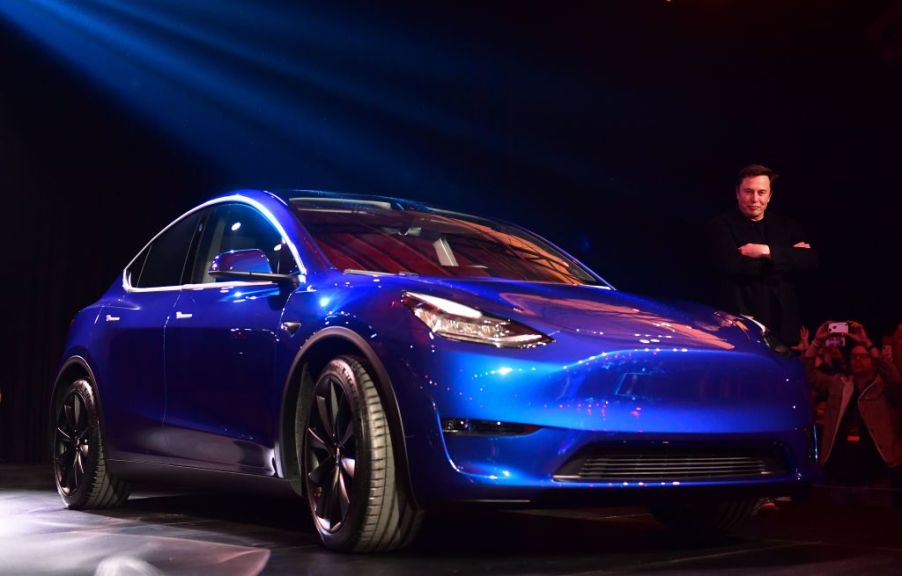 Tesla CEO Elon Musk views the new Tesla Model Y at its unveiling in Hawthorne, California