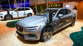 Volvo S60 T8 executive plug-in hybrid sedan car on display at Brussels Expo