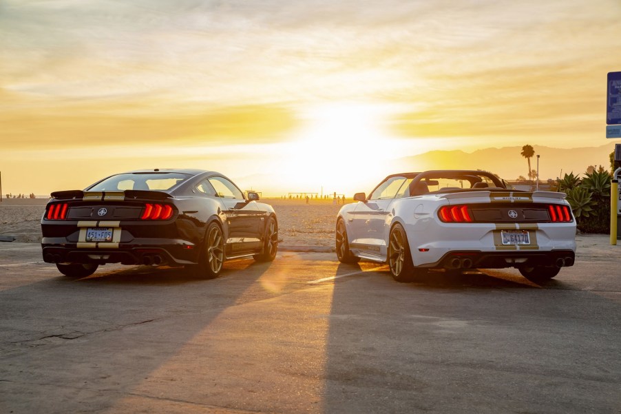 Black-with-gold-stripes 2019 Shelby GT-H Mustang and white-with-gold-stripes Mustang convertible face the sunset