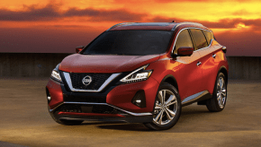 A red 2020 Nissan Murano parked out in a desert