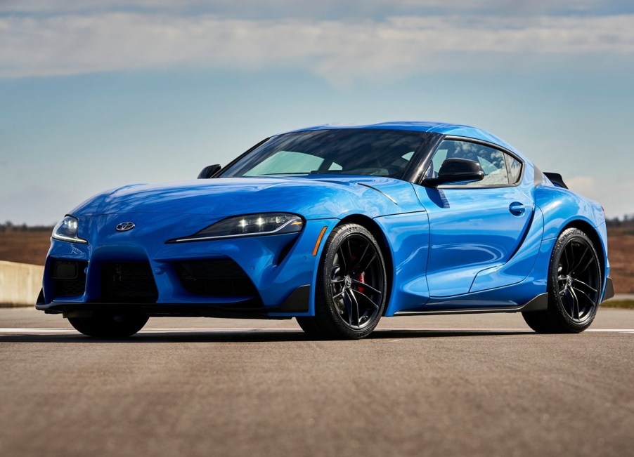 A blue 2021 Toyota Supra 3.0 on a runway