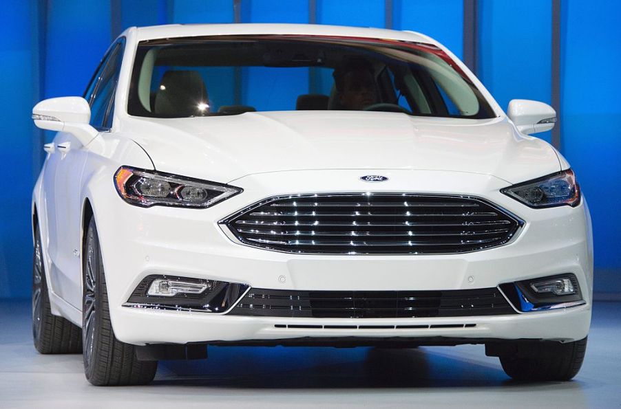 The Ford Fusion Hybrid is unveiled during the Ford press conference at the North American International Auto Show