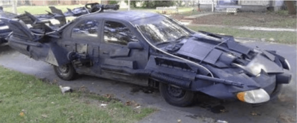 rear 3/4 view of an arbitrary apocalyptic sedan for Freak Show Friday