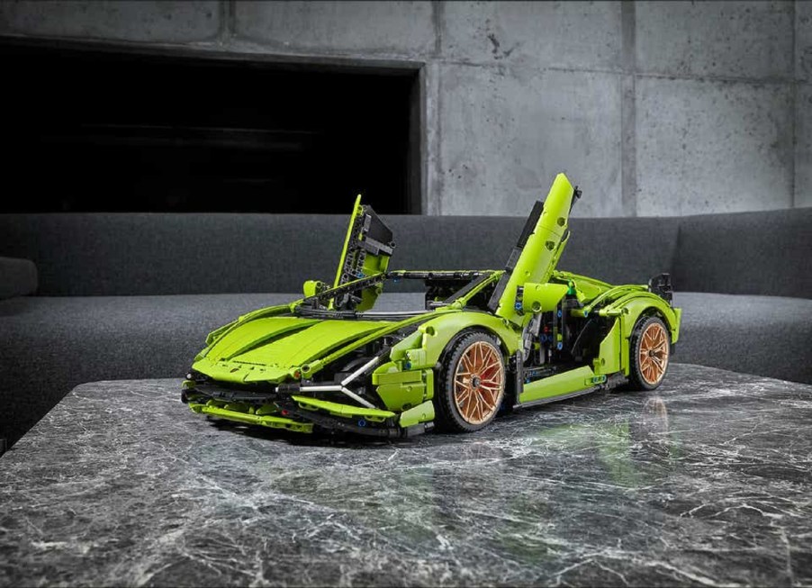 Green Lego Lamborghini Sian kit with gold wheels and open scissor doors