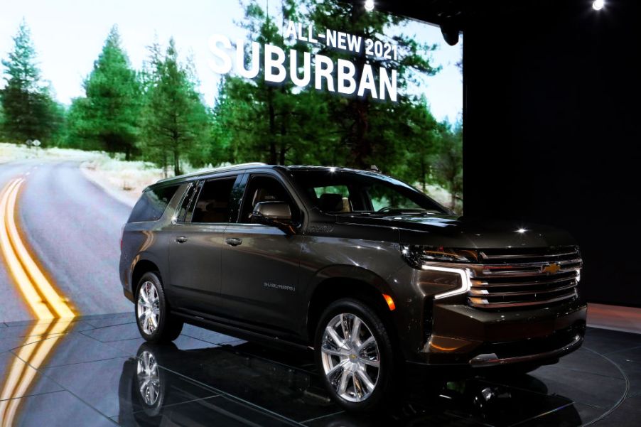 A 2021 Chevy Suburban on display at an auto show