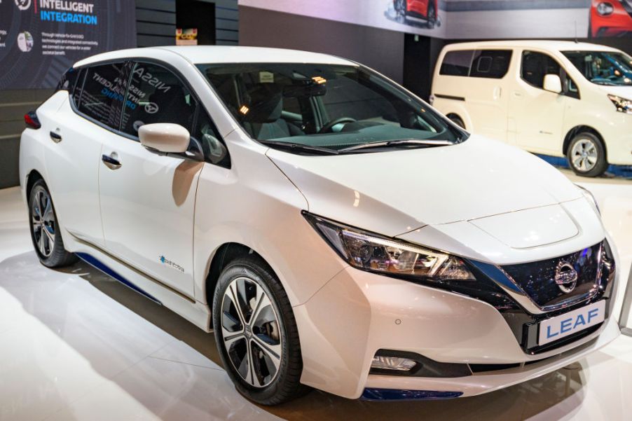 Nissan Leaf compact five-door hatchback battery electric vehicle on display at Brussels Expo