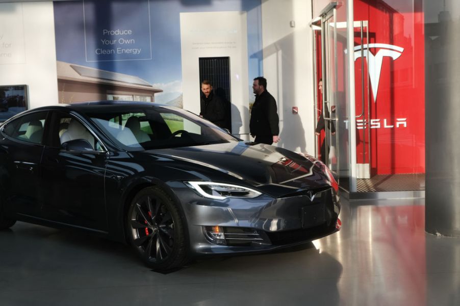 A Tesla vehicle is displayed in a Manhattan dealership on January 30, 2020 in New York City