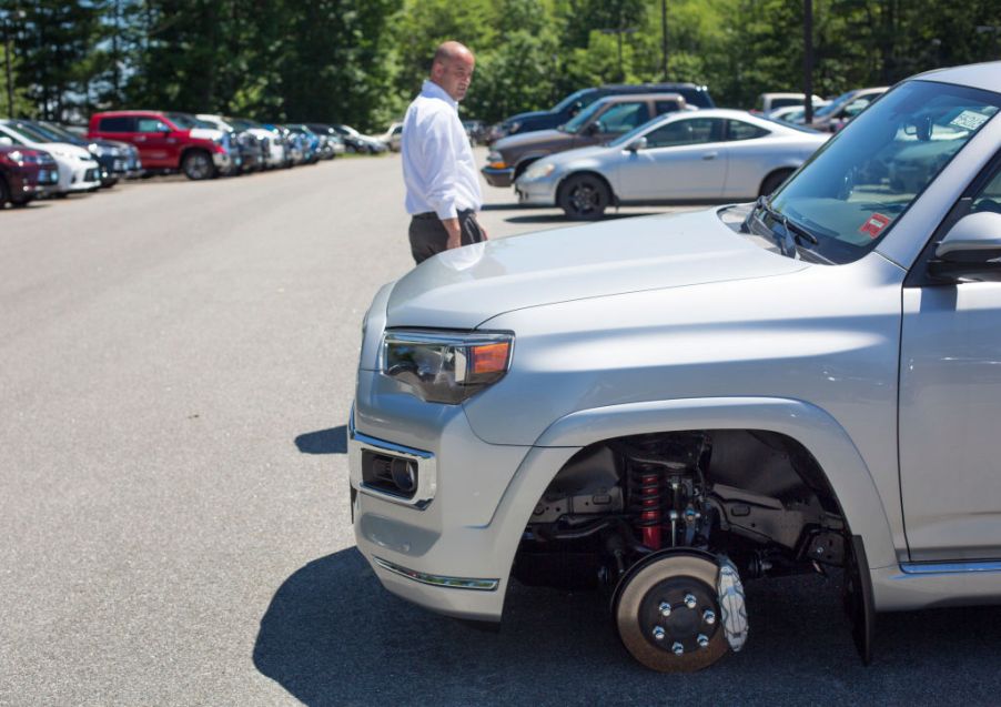 A Toyota 4Runner seen missing its tires and rims