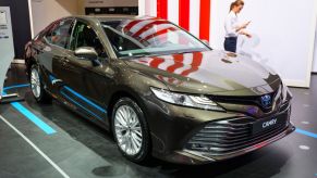 Toyota Camry hybrid sedan car on display at Brussels Expo