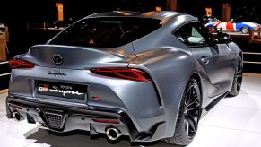 The Toyota Supra is on display at the Dream Car exposition, which is part of the Brussels Motor Show