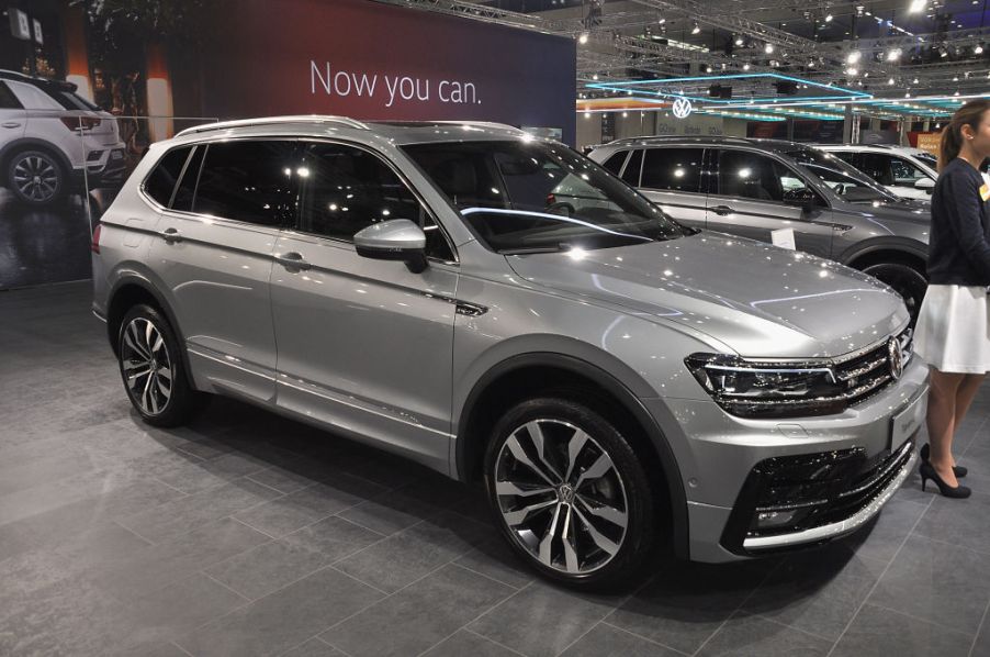 A Volkswagen Tiguan Allspace is seen during the Vienna Car Show press preview at Messe Wien, as part of Vienna Holiday Fair