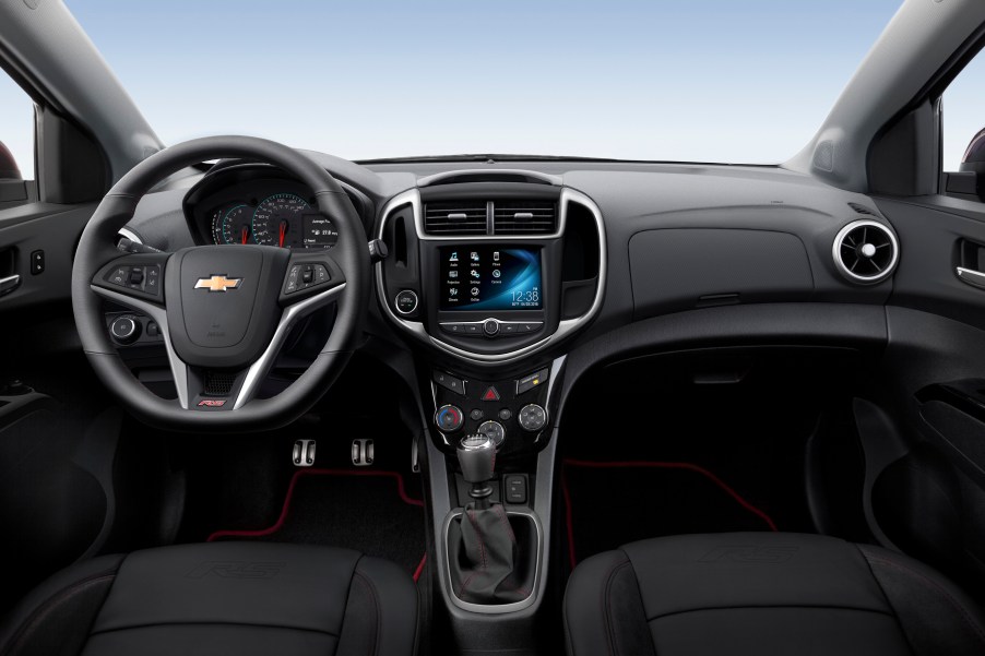 The all black interior of the 2020 Chevy Sonic.