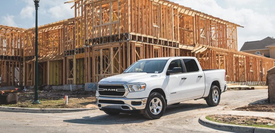 a white Ram work truck on the job