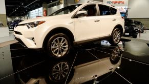 A new Toyota RAV4 Hybrid on display at the Denver Auto Show